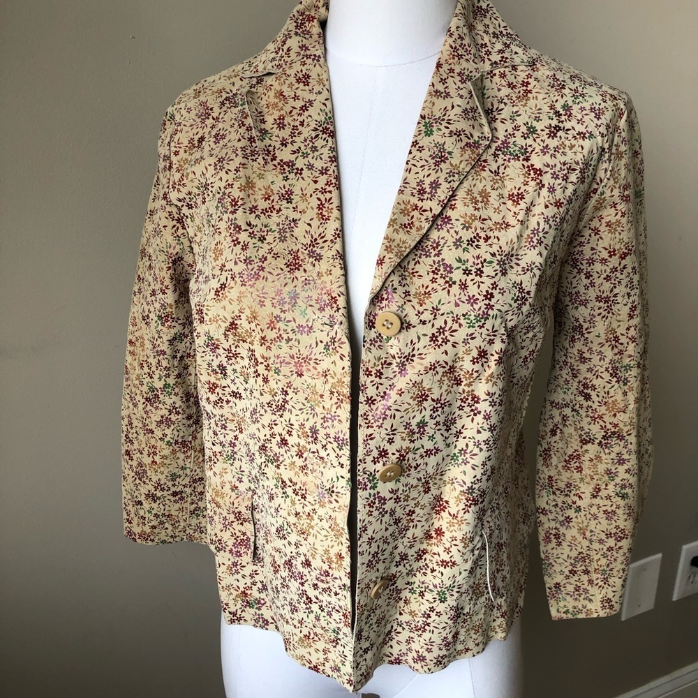 NWT Vintage Tan Suede Leather Boxy Jacket Ditzy Floral Print 7/8 - Picture 5 of 16